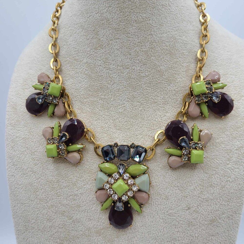 J Crew Chunky Green Brown Gray Crystal Statement Necklace